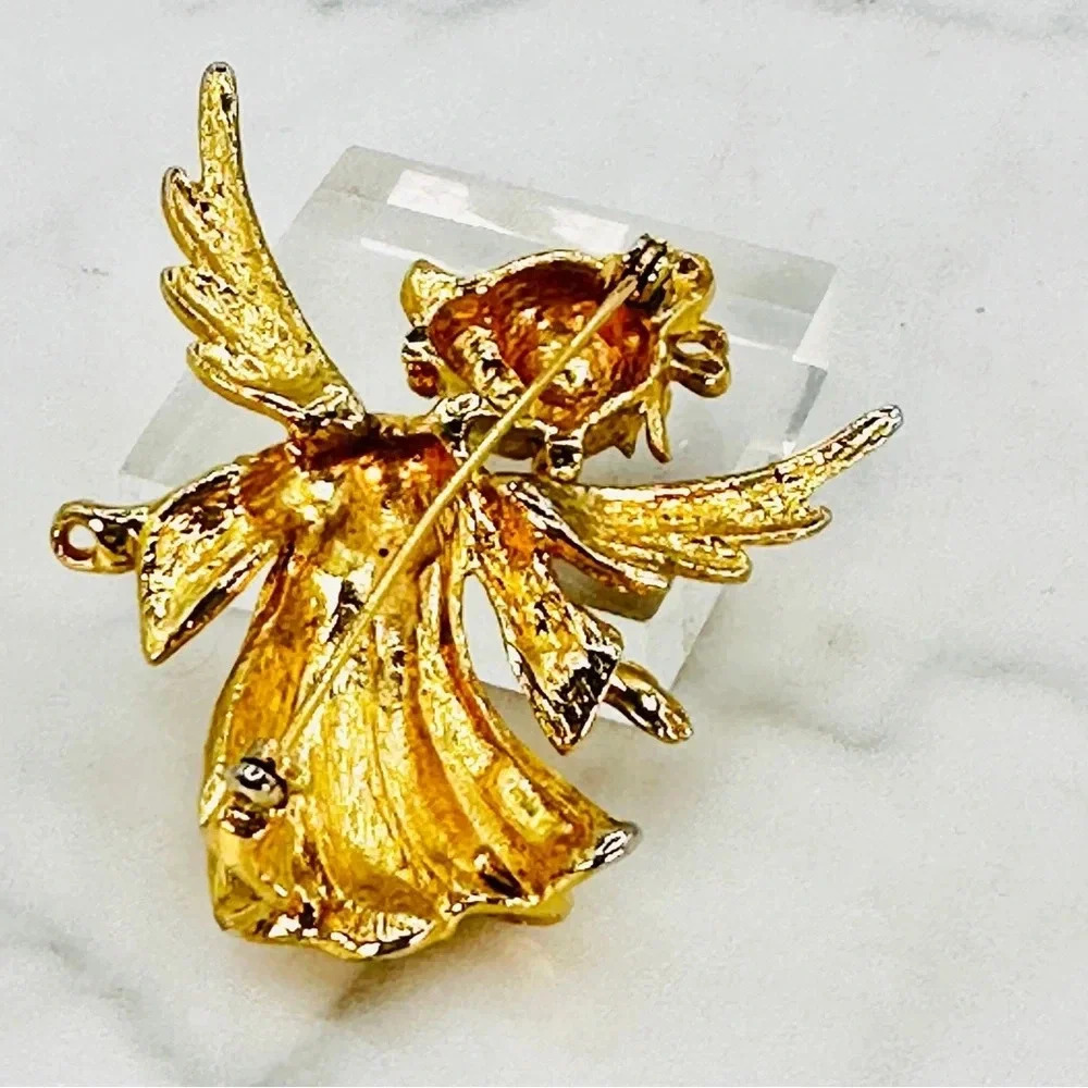 Vintage Christmas Angel Brooch Pin Gold-tone Red Green Rhinestone Holida… - Picture 7 of 10